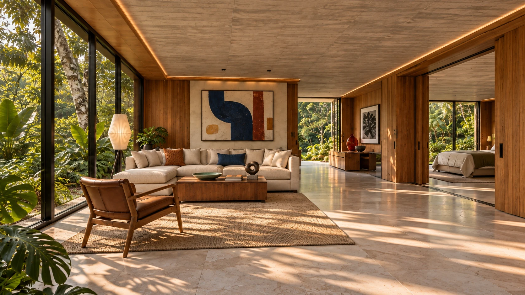 The living room at Canopy House, with cream seating, a coloured abstract canvas and glass walls opening to greenery