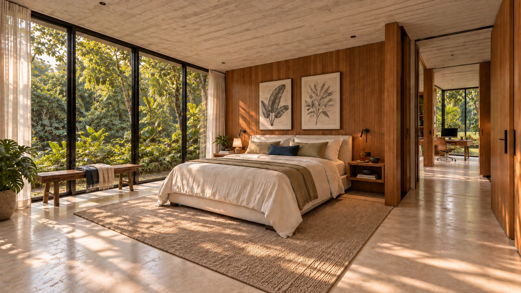 A timber-lined bedroom with botanical prints, layered linen and soft garden light