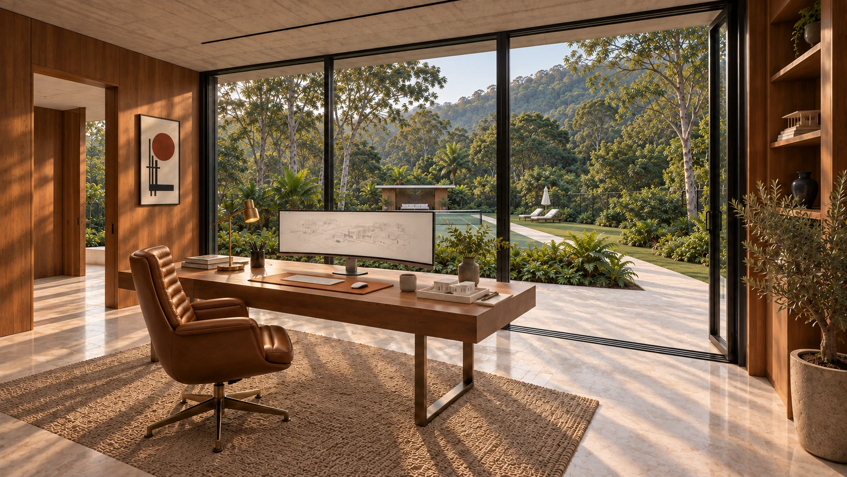 A garden-facing study with a walnut desk, a curved ultrawide screen and a cognac leather chair, looking through open glass towards the tennis court and pavilion