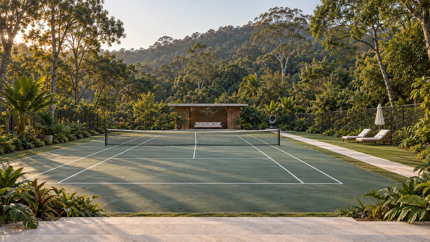 A green tennis court seen from the terrace steps, enclosed by trees, with loungers on the lawn and a timber garden pavilion at the far end